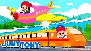 *NEW* Which One Is Faster?  Train Airplane Rocket  Vehicle Song for Kids  JunyTony