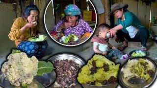 Cauliflower and Buff dry meat recipe  nepali mountain village life food  nepali food eating video