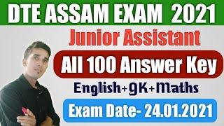 DTE Assam full answer key 2021  DTE Assam Junior Assistant answerkey 2021 DTE Assam answerkey 2021