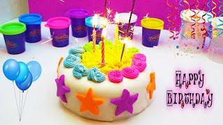 Preparing birthday cake with play dough. kids video with Play doh