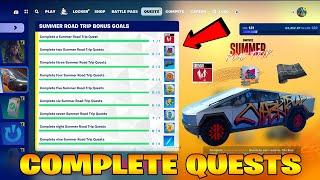 How To COMPLETE ALL SUMMER ROAD TRIP QUEST CHALLENGES in Fortnite Unlocked Tesla Cybertruck Decal