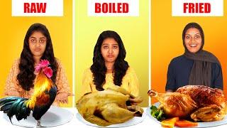 RAW VS BOILED VS FRIED FOOD CHALLENGE  പച്ച ചിക്കൻ പച്ച കോഴിമുട്ട പണി കിട്ടി  PULLOTHI