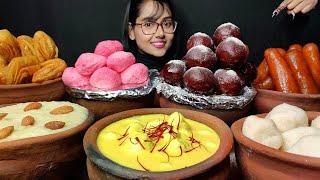 Eating Different types of Indian Sweets  Kheer Rasmalai Big Bites  Asmr Eating  Mukbang