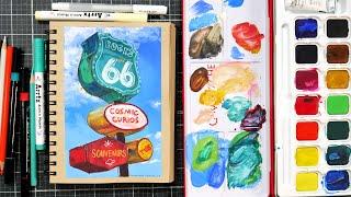 Route 66 Road Sign in Gouache