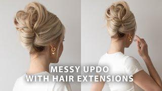 Messy Updo Hairstyle with Halo Hair Extensions  Medium - Long Hair Tutorial