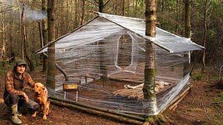 Building a Woodland Cabin with Plastic Wrap  Wood Stove  Survival Project  Bushcraft Shelter