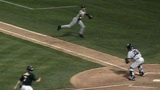 Derek Jeter makes The Flip to nab Giambi at the plate in the 2001 ALDS