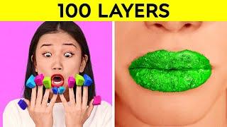 100 LAYERS CHALLENGE  1000 Coats of Nails Lipstick Makeup DARE GAME by 123 GOCHALLENGE