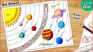 Solar system drawing  A4 size sheet  very easy way - step by step