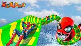 Spiderman in water slidesEpic Ragdoll Physics GTA 5 Ep.132 #waterslide #ragdoll #spiderman