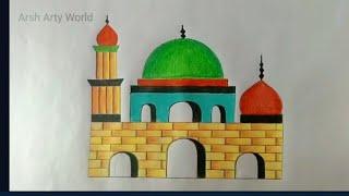 Masjid Drawing Easy with Colour Step by step  Masjid Drawing with Colour Islamic Art