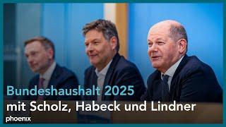 Haushalt 2025 PK mit Bundeskanzler Scholz Wirtschaftsminister Habeck und Finanzminister Lindner