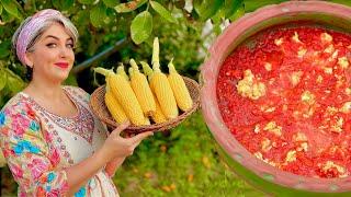 Simple local food with tomatoes  Grilled corn on a summer day  Northern food