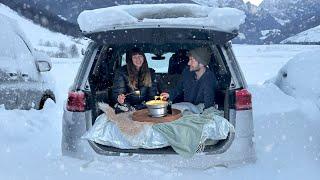 7 Nights Winter Car Camping in European Alps  Snowstorms Skiing Castles