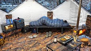 COZY CAMPING IN A EASY & QUICK HOT TENT WITH OVEN AND ELECTRIC GRILL