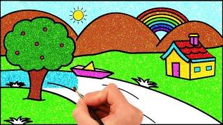 How to Draw Simple Landscape Picture  Glitter Painting for Kids  HooplaKidz How To