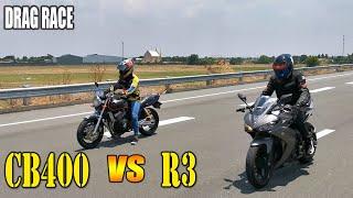 Yamaha R3 vs Honda CB400 Super Four  Drag race