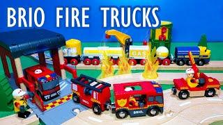 BRIO Trains - Fire Trucks and Firemen save the Cargo Train Crash Wooden Toy Train Video