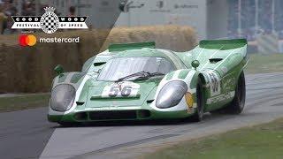 5 Porsche 917s together on track at Goodwood