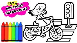 How to draw cute little girl riding a bicycle  - Story RED LIGHT  GREEN LIGHT GAME