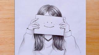 A girl hides her emotions with a smiley face emoji - Pencil Sketch   How to draw - step by step