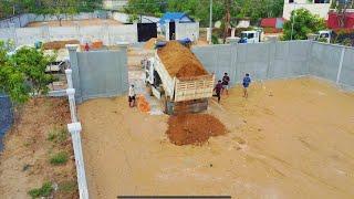 Getting new project Perfect landfill by Mitsubishi BD2J bulldozer push dirt & dump truck unloading