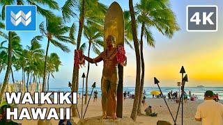 4K Waikiki Beach at Night in Honolulu Hawaii - Walking Tour & Travel Guide  Binaural Sound