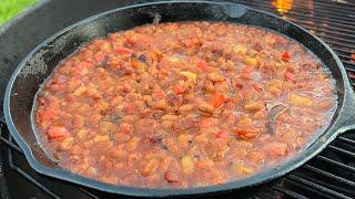 Sweet & Smokey Cowboy Beans Recipe on Weber Kettle