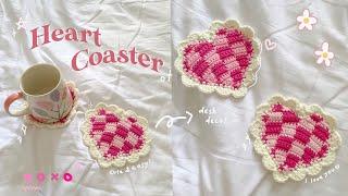 Crochet heart checkered coaster free pattern  step-by-step tutorial