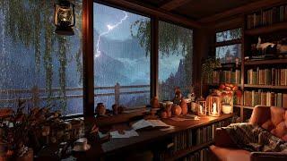 Rain in Cozy Cabin with Rain on Window and Thunder Sounds on Mountains to Relax Study and Sleep