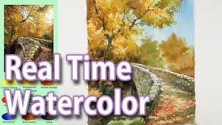 Real Time 1X speed. Landscape Watercolor - The road to autumn  color name view NAMIL ART