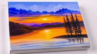 sunset by the lake acrylic painting  landscape painting  Easy painting