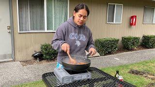 OUT DOOR COOKING MAKING HOMEMADE SHRIMP TACOS  SHOPPING