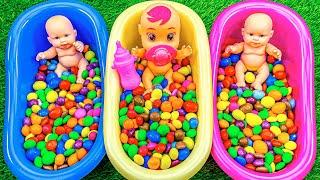 Oddly Satisfying Video  Full of 3 Rainbow BathTubs Candy with M&Ms & Magic Slime  Cutting ASMR