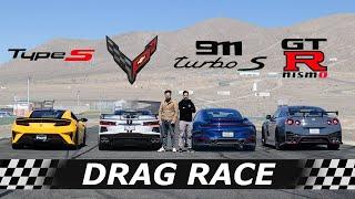 Acura NSX Type S vs C8 Corvette vs 911 Turbo S vs Nissan GT-R NISMO  DRAG & ROLL RACE