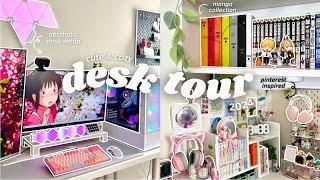 cute & cozy desk setup tour  aesthetic pinterest inspired manga collection 2024