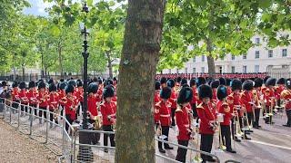 Massed bands 3 of 5 marching to Horse Guards Parade for  Colonel Review Trooping the Colour 2024