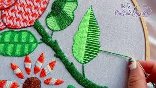 Bordado Fantasía Hoja 107  Hand Embroidery Leaf  with Fantasy Stitch. #bordado #handembroidery