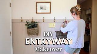 DIY ENTRYWAY MAKEOVER ON A BUDGET  small entryway storage idea & how to install beadboard half-wall