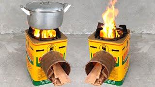 The combination of clay and old paint bucket creates a wonderful wood stove