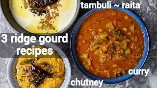 one ridge gourd - 3 recipes  beerakaya curry or turai ki sabji  heerekai chutney & raita tambuli