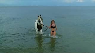 Sexy beach babe horseback riding drone footage