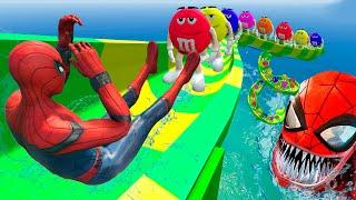 GTA 5 Spiderman vs M&Ms on WATER SLIDES  SPIDER SHARK  WATER RAGDOLLS Euphoria Physics Fails