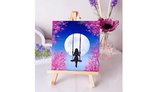 Easy Painting Technique  Alone Girl swinging in the beautiful moonlit night   Painting