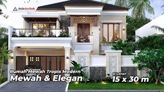 Desain Rumah Mewah 2 Lantai Tropis Modern 4 Kamar Dengan Kolam Renang di Lahan 15 x 30 Meter