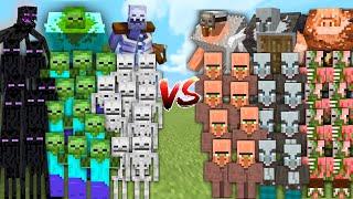 ZOMBIE SKELETON ENDERMAN vs VILLAGERS PILLAGER PIGLINS in Minecraft Mob Battle