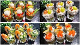 Festive snacks in a glass to surprise your guests. Snacks for a party or buffet