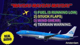 Minimum fuel MAYDAY stuck flaps. KLM Boeing 737 has problems over Amsterdam Airport. Real ATC