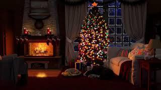 8 Hours Christmas Cabin Ambiance  Crackling Fireplace with Snow sounds  Cat & Dog