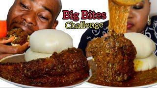 BIG BITES CHALLENGE  FUFU AND OKRO STEW OR SOUP WITH GIANT WHITING OR HAKE FISH   AFRICAN FOOD